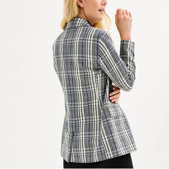Nine West Long Lined Academia Black Plaid Multicolor Poly Wool Blend Blazer XL - Picture 3 of 14